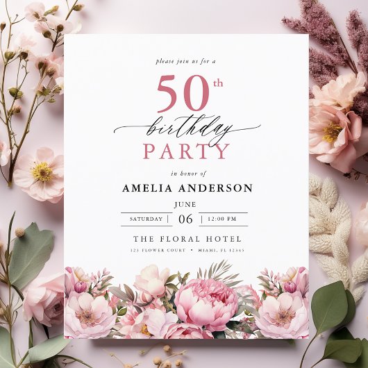 Papier Budget rose floral 50e anniversaire Invitation