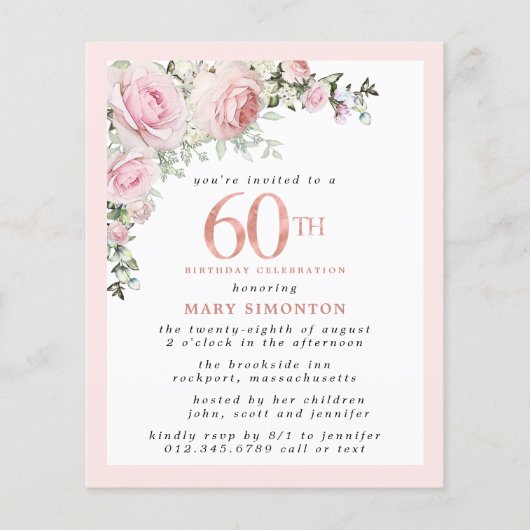 Papier Budget rose floral 60e anniversaire Invitation (Devant)