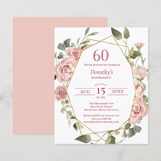 Papier Budget rose floral 60e anniversaire Invitation (Devant / Derrière)