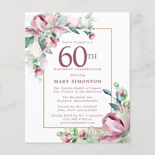 Papier Budget rose floral 60e anniversaire Invitation (Devant)