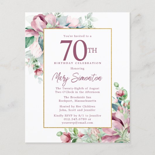 Papier Budget rose floral 70e anniversaire Invitation (Devant)