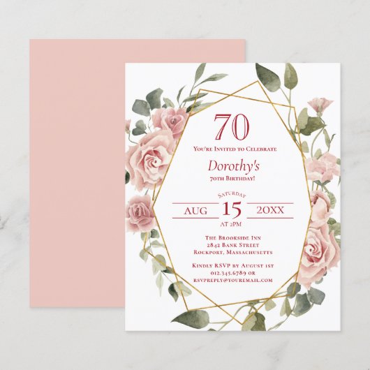 Papier Budget rose floral 70e anniversaire Invitation (Devant / Derrière)
