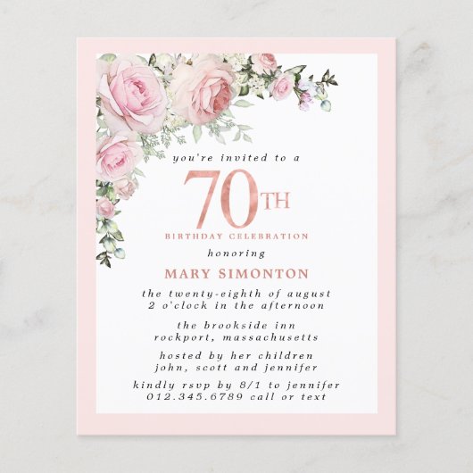 Papier Budget rose floral 70e anniversaire Invitation (Devant)