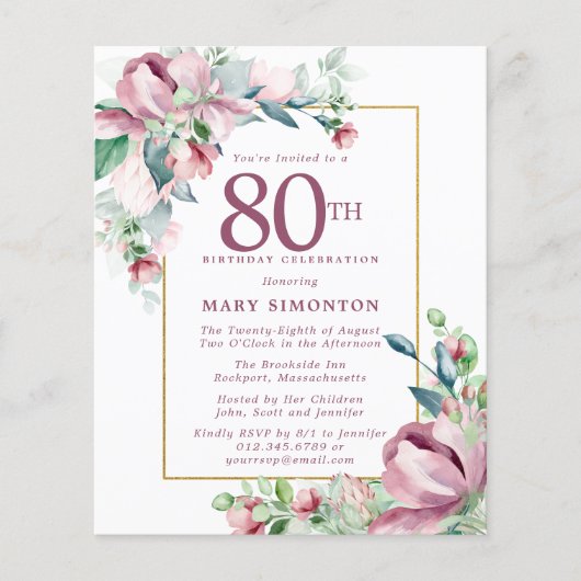 Papier Budget rose floral 80e anniversaire Invitation (Devant)
