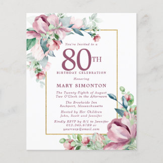 Papier Budget rose floral 80e anniversaire Invitation