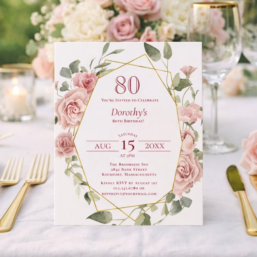 Papier Budget rose floral 80e anniversaire Invitation