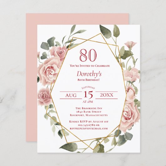 Papier Budget rose floral 80e anniversaire Invitation (Devant / Derrière)