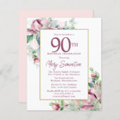 Papier Budget rose floral 90e anniversaire Invitation (Devant / Derrière)