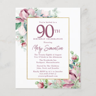 Papier Budget rose floral 90e anniversaire Invitation