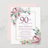 Papier Budget rose floral 90e anniversaire Invitation (Devant / Derrière)