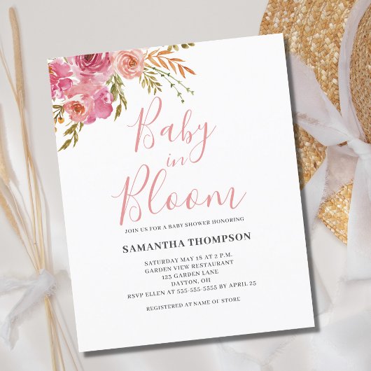 Papier Budget Rose Floral Bébé En Fleur Douche Invitation