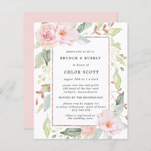 Papier Budget Rose Floral Brunch Bubbly Invitation (Devant / Derrière)