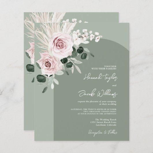 Papier Budget Rose Floral Eucalyptus Sage Mariage Invitat (Devant / Derrière)