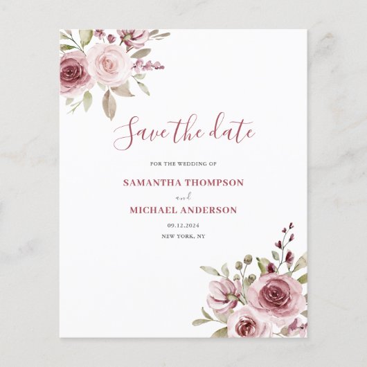 Papier Budget Rose Floral Mariage Enregistrer La Date (Devant)