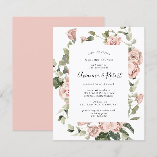 Papier Budget Rose Floral Post Mariage Brunch Invitation (Devant / Derrière)