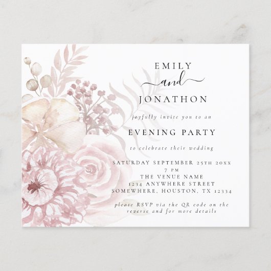 Papier Budget Rose Floral QR Mariage Invitation de soirée (Devant)