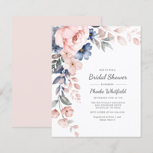 Papier Budget Rose floral Script nuptiale douche Invitati (Devant / Derrière)