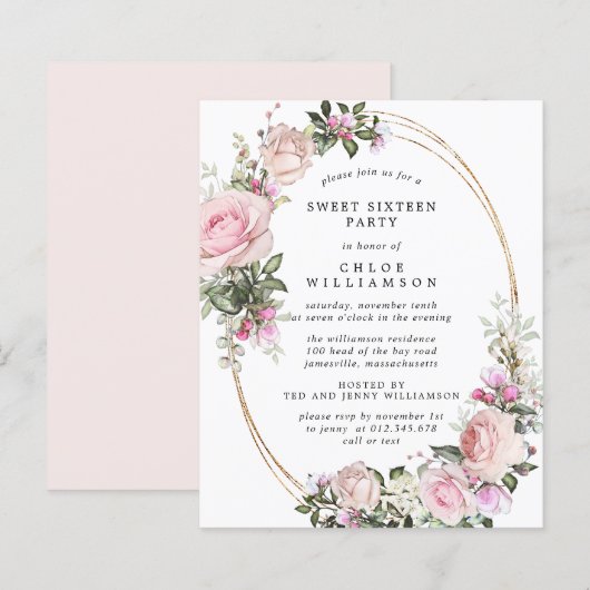 Papier Budget Rose Floral Sweet 16 Party Invitation (Devant / Derrière)
