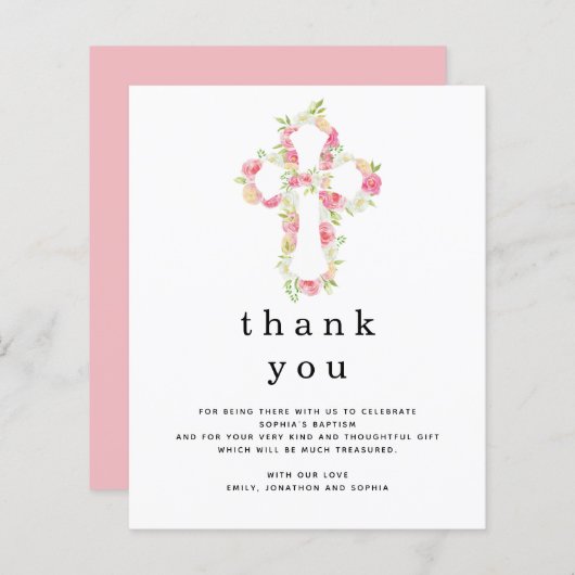 Papier Budget rose Florales Croix Baptême Merci (Devant / Derrière)