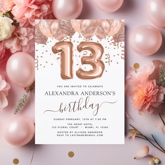 Papier Budget Rose Gold Ballons Invitation 13e anniversai