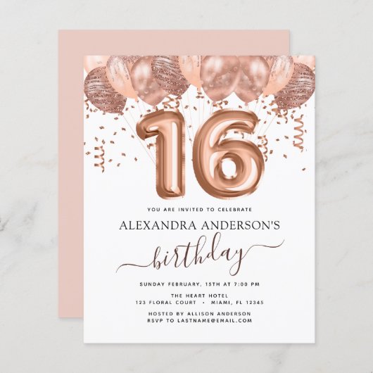 Papier Budget Rose Gold Ballons Sweet 16 Anniversaire (Devant / Derrière)