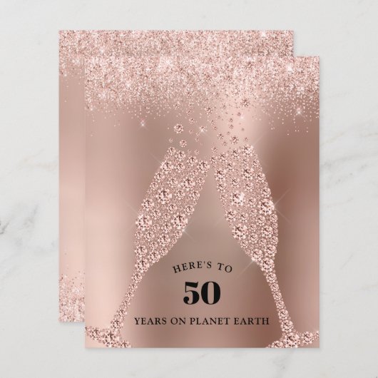 Papier Budget Rose Gold Champagne 50th Birthday Invite (Devant / Derrière)