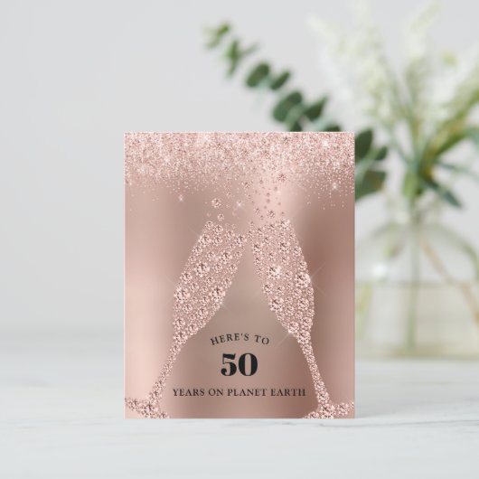 Papier Budget Rose Gold Champagne 50th Birthday Invite (Debout devant)