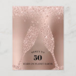 Papier Budget Rose Gold Champagne 50th Birthday Invite<br><div class="desc">Budget Rose Gold Glitter Metallic Champagne Toast 50th Birthday Party Invite. On a rose gold foil background with blush pink glitter borders, diamond champagne glasses toast a friend or family member's 50th Birthday with the words "Here's to 50 years on planet terre." The back of the Invite — donc with...</div>