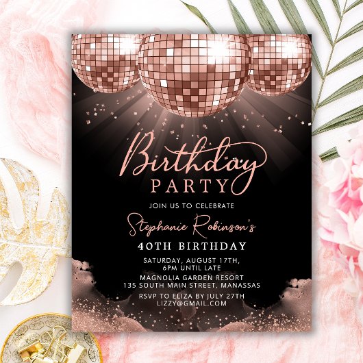 Papier Budget Rose Gold Disco Ball 40e anniversaire Invit