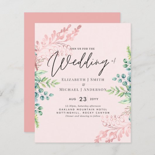 Papier BUDGET Rose Gold Sage Eucalyptus Invitations de ve (Devant / Derrière)