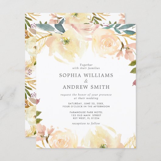 Papier Budget Rose jaune Faire-part de mariage florale (Devant / Derrière)