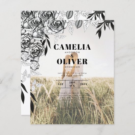 Papier Budget Rose noir PHOTO OVERLAY Mariage Invitation (Devant / Derrière)