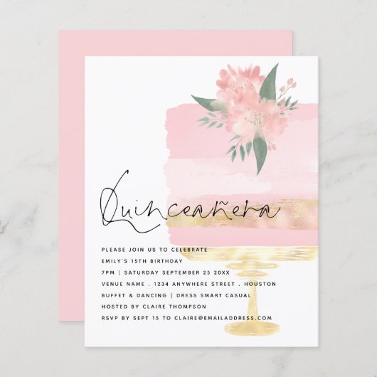 Papier Budget Rose or Anniversaire gâteau Quinceanera Inv (Devant / Derrière)