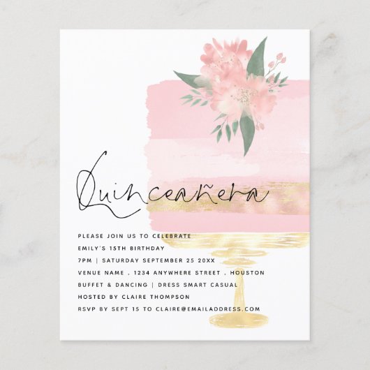 Papier Budget Rose or Anniversaire gâteau Quinceanera Inv (Devant)