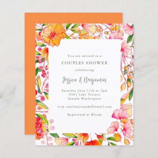 Papier Budget Rose Orange Floral Couples Invitation douch (Devant / Derrière)