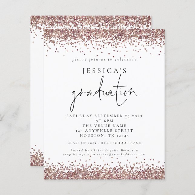 Papier Budget Rose Parties scintillant d'or 2024 Graduati (Devant / Derrière)
