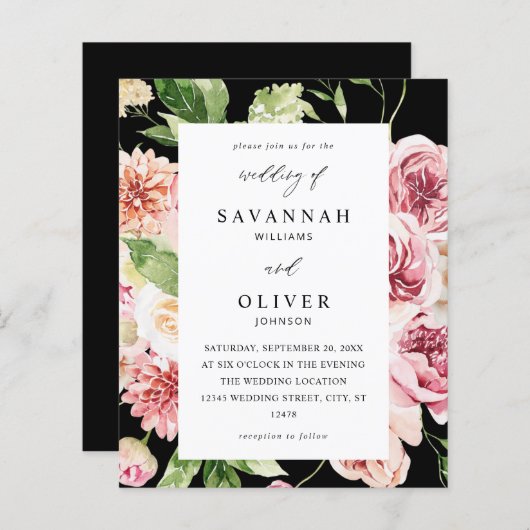 Papier Budget Rose & Pêche Floral & Vert Mariage Blac (Devant / Derrière)