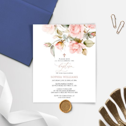 Papier Budget Rose rose et vert Baptême Invitation