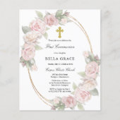 Papier Budget Rose Rose Floral Première Communion Invitat (Devant)