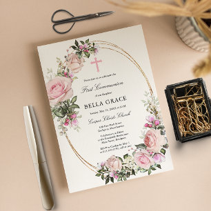 Papier Budget Rose Rose Floral Première Communion Invitat