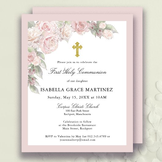 Papier Budget Rose Rose Floral Première Communion Invitat