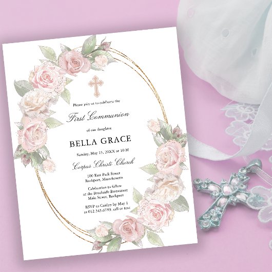 Papier Budget Rose Rose Floral Première Communion Invitat