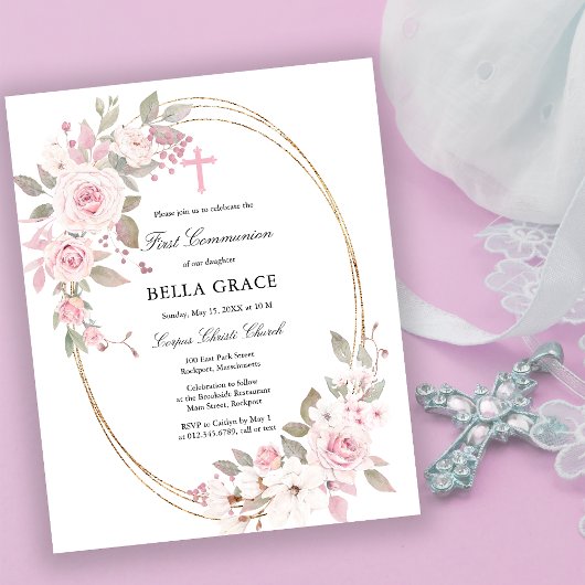 Papier Budget Rose Rose Floral Première Communion Invitat