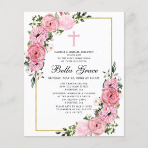 Papier Budget Rose Rose Floral Première Communion Invitat