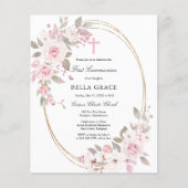 Papier Budget Rose Rose Floral Première Communion Invitat (Devant)