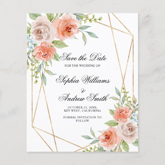 Papier Budget Rose Rose & Or Cadre Enregistrer La Date (Devant)