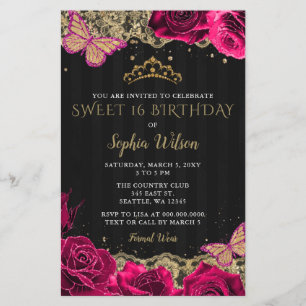 Papier Budget Rose Roses Black Gold Sweet 16 Invitation