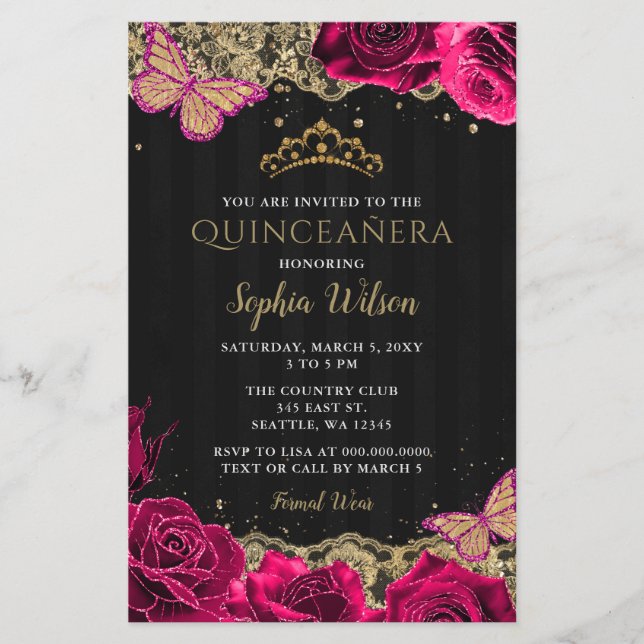 Papier Budget Rose Roses Noir Quinceañera Invitation (Devant)