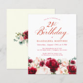 Papier Budget rose rouge Floral 21e anniversaire Invitati (Devant / Derrière)