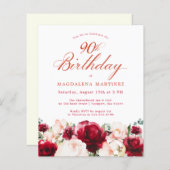 Papier Budget rose rouge floral 90e anniversaire Invitati (Devant / Derrière)